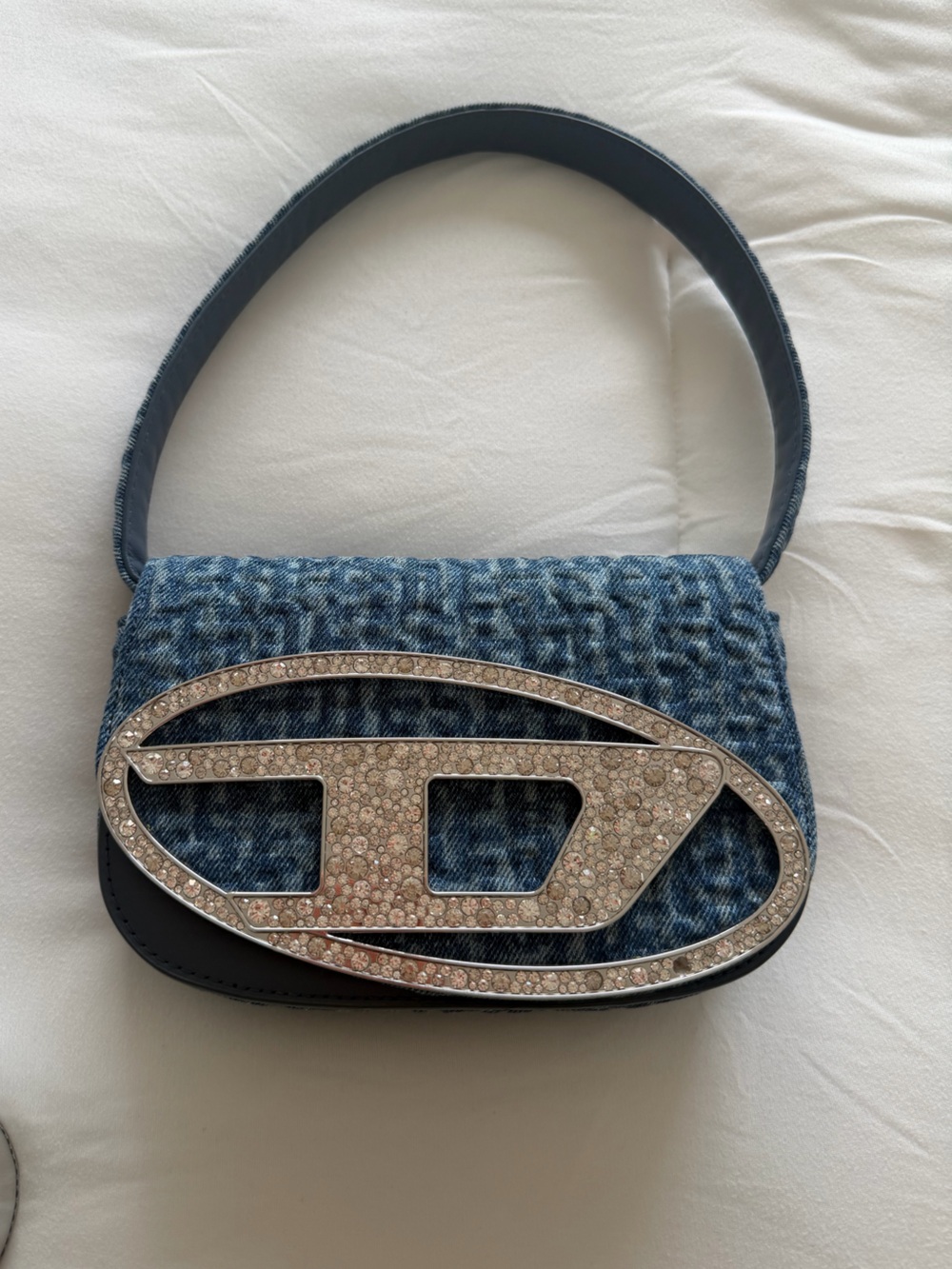 Blue Denim Crystal-Embellished Shoulder Bag